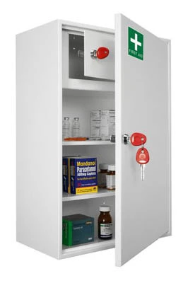 Secure metal controlled drug cabinet with robust locking mechanism mounted on wall