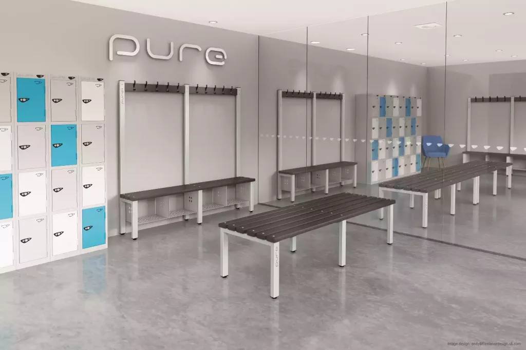 Pure Benches Glass Room Poly 9000 2 Andy Parker Modern facility with benches and lockers