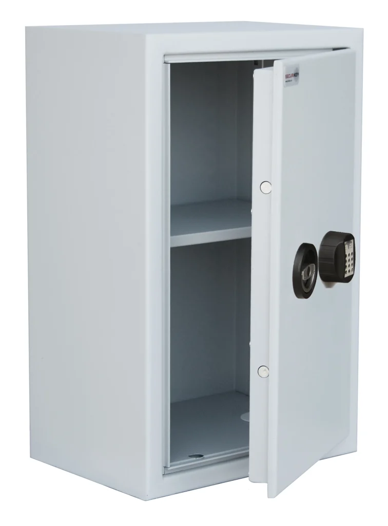 White wall-mounted first aid cabinet with green cross marking and lockable door