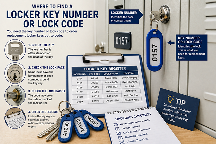 Locker key number and lock code on keys and locker doors